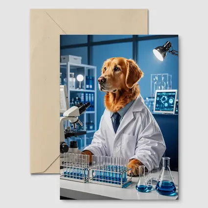 Golden Retriever Scientist In Blue Laboratory