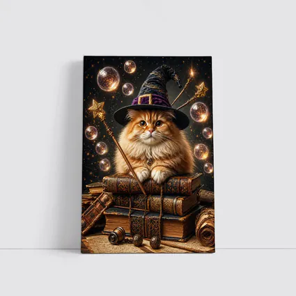 Wizard Cat With Magic Wand And Books
