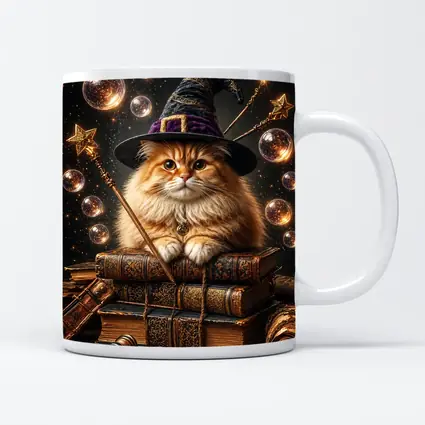 Wizard Cat With Magic Wand And Books