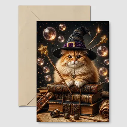 Wizard Cat With Magic Wand And Books