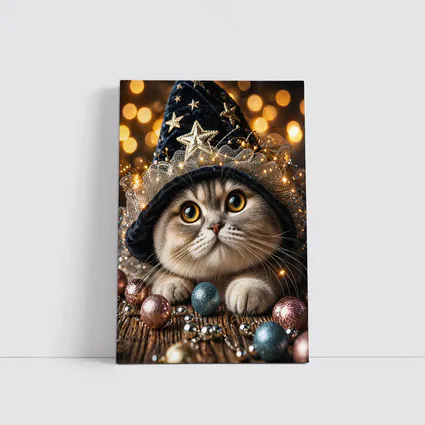 Scottish Fold Cat Wizard Hat Bokeh Lights