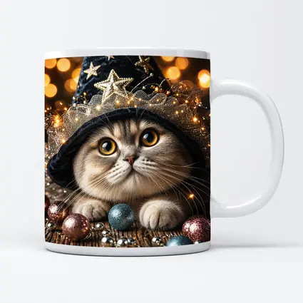 Scottish Fold Cat Wizard Hat Bokeh Lights