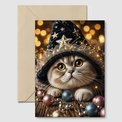 Scottish Fold Cat Wizard Hat Bokeh Lights