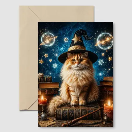 Wizard Cat With Stars And Magic Books