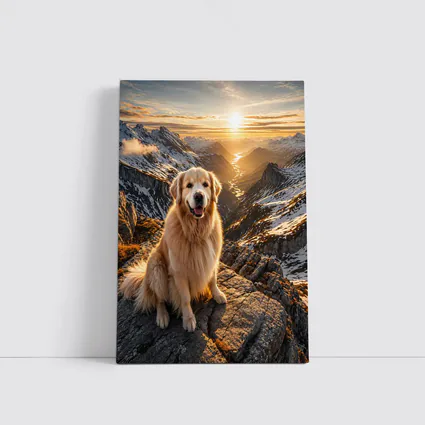Golden Retriever Sitting On Mountain Summit Sunset