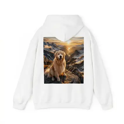 Golden Retriever Sitting On Mountain Summit Sunset