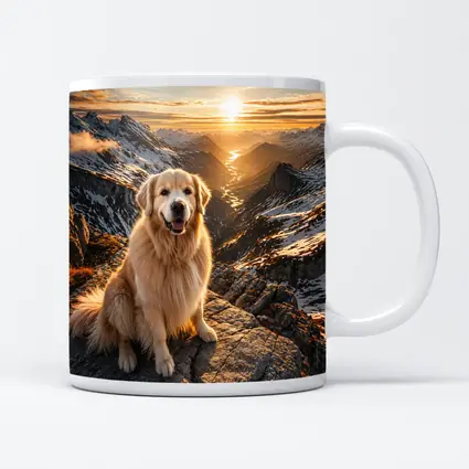 Golden Retriever Sitting On Mountain Summit Sunset