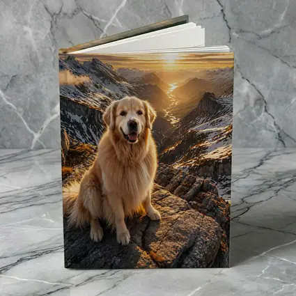 Golden Retriever Sitting On Mountain Summit Sunset