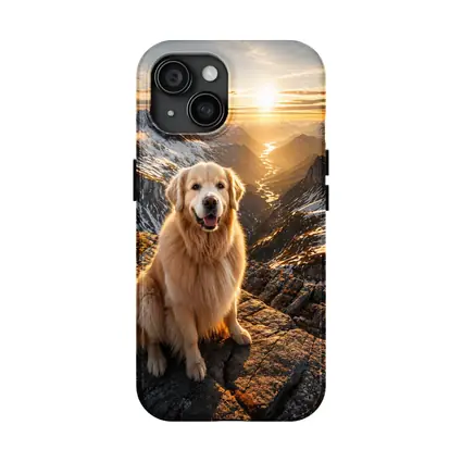 Golden Retriever Sitting On Mountain Summit Sunset