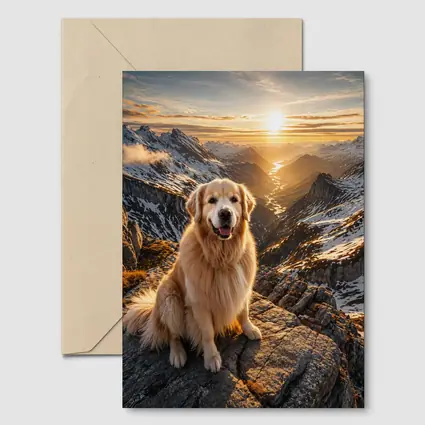 Golden Retriever Sitting On Mountain Summit Sunset
