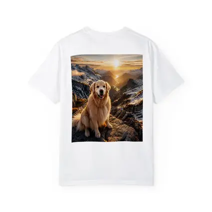 Golden Retriever Sitting On Mountain Summit Sunset