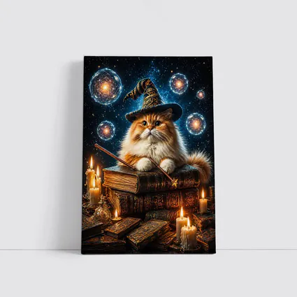 Wizard Cat With Magic Wand And Books