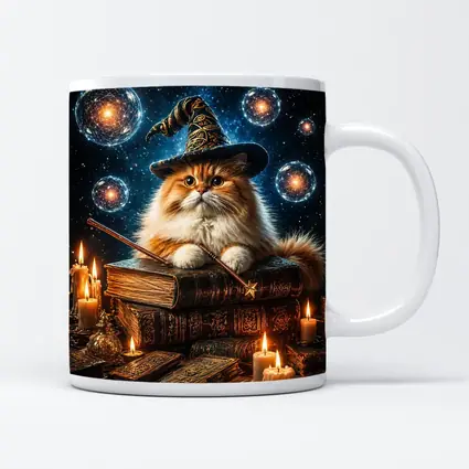 Wizard Cat With Magic Wand And Books