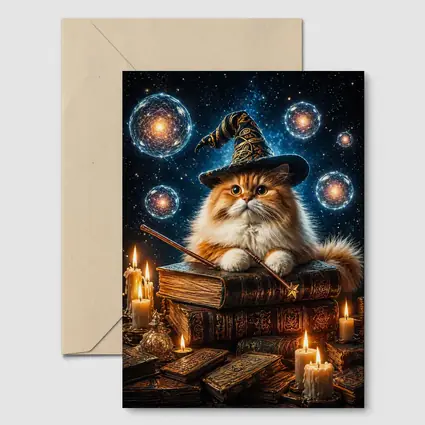 Wizard Cat With Magic Wand And Books