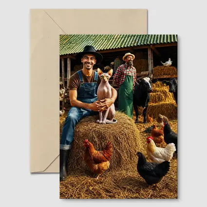 Sphynx Cat Farmer Barn Chickens Hay