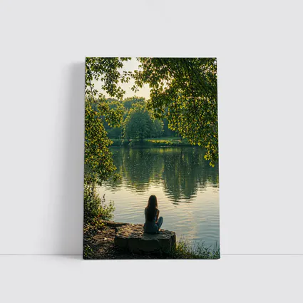 Girl Sitting Alone By Peaceful Lake