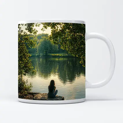Girl Sitting Alone By Peaceful Lake