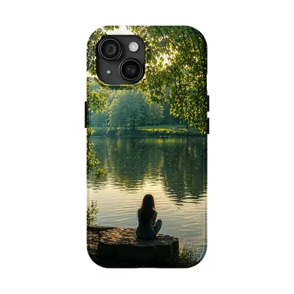 Girl Sitting Alone By Peaceful Lake