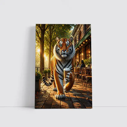 Tiger Holding Coffee Cup Cafe Street