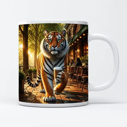 Tiger Holding Coffee Cup Cafe Street