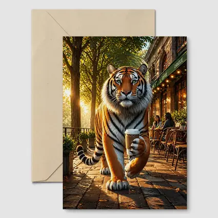 Tiger Holding Coffee Cup Cafe Street