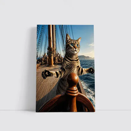 Tabby Cat Steering Ship On Ocean