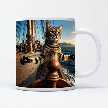 Tabby Cat Steering Ship On Ocean