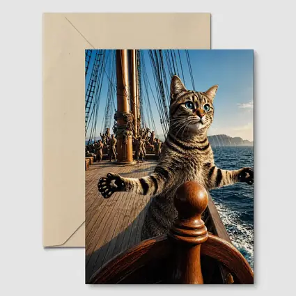 Tabby Cat Steering Ship On Ocean