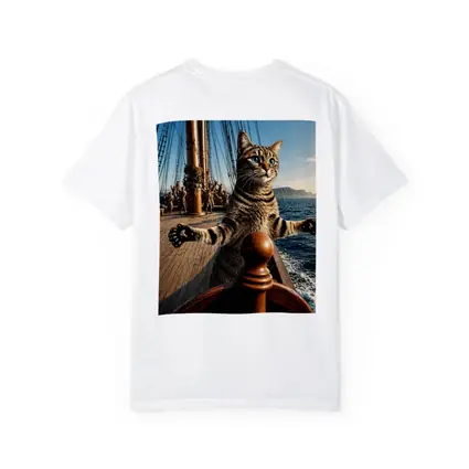 Tabby Cat Steering Ship On Ocean