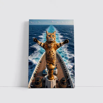 Bengal Cat Standing on Ship Bow Ocean