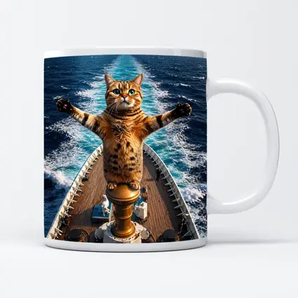 Bengal Cat Standing on Ship Bow Ocean