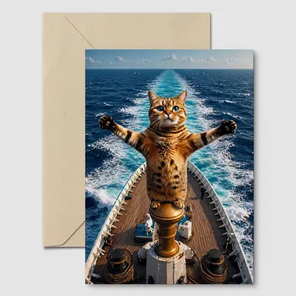 Bengal Cat Standing on Ship Bow Ocean