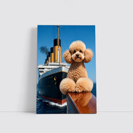 Poodle Dog Posing on Titanic Ship Bow
