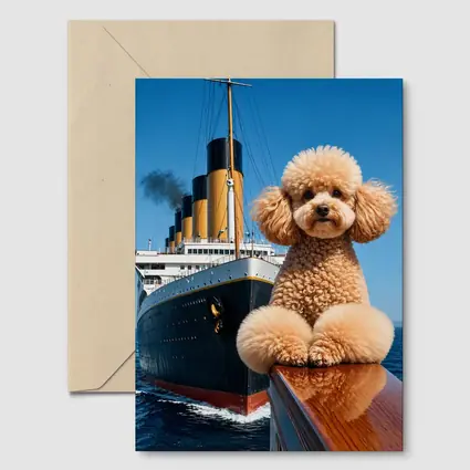 Poodle Dog Posing on Titanic Ship Bow
