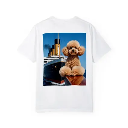 Poodle Dog Posing on Titanic Ship Bow