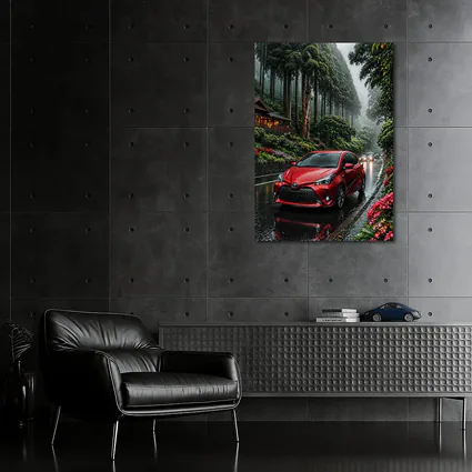 Toyota Yaris Red Rainy Forest Road
