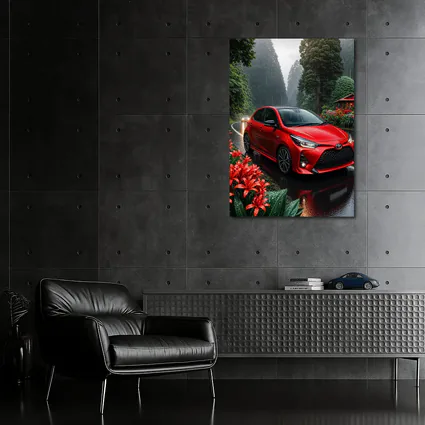 Toyota Yaris Red Hatchback Rainy Forest Road