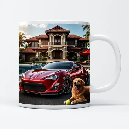 Toyota GT86 Red Sports Car Mansion Golden Retriever