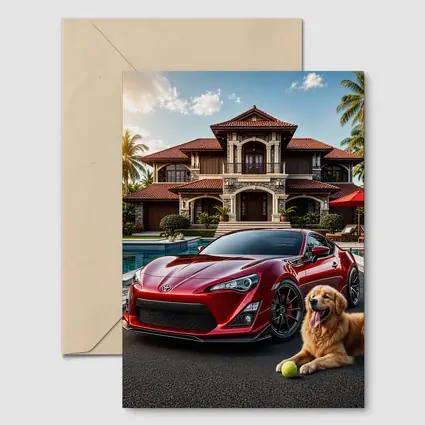 Toyota GT86 Red Sports Car Mansion Golden Retriever