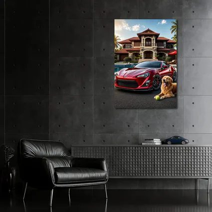 Toyota GT86 Red Sports Car Mansion Golden Retriever