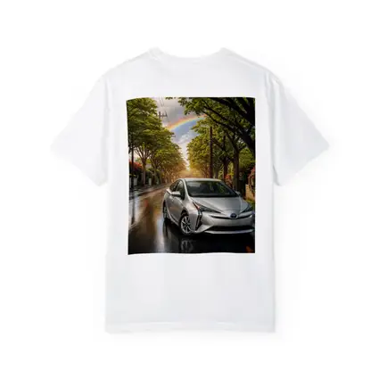 Toyota Prius Silver Wet Street Rainbow Sky