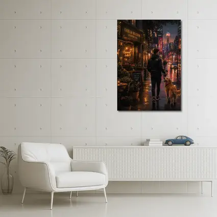 Man Walking Golden Retriever Rainy City Night