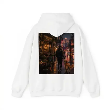 Man Walking Golden Retriever Rainy City Night