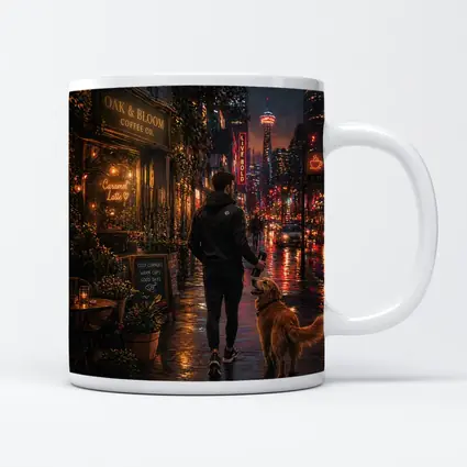Man Walking Golden Retriever Rainy City Night