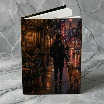 Man Walking Golden Retriever Rainy City Night