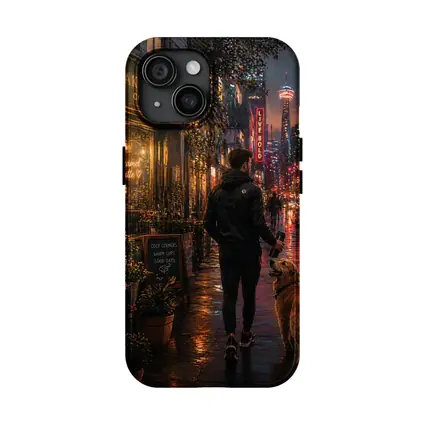 Man Walking Golden Retriever Rainy City Night