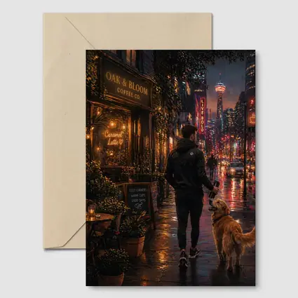 Man Walking Golden Retriever Rainy City Night