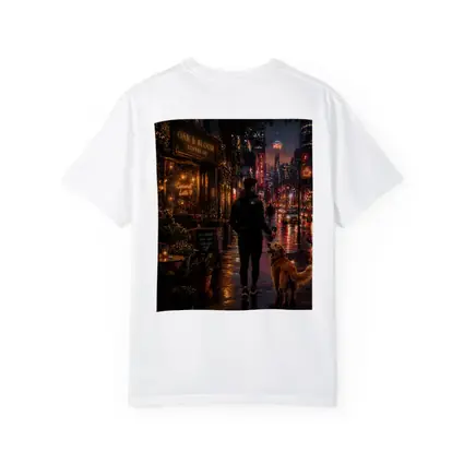 Man Walking Golden Retriever Rainy City Night