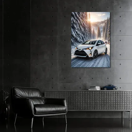 Toyota Yaris White Hatchback Snowy Forest Road