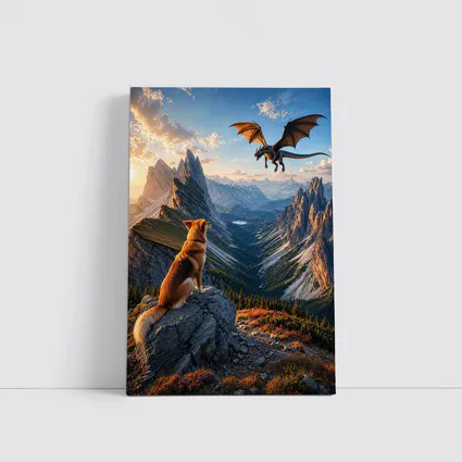 Corgi Dog Watching Dragon Over Mountain Peaks
